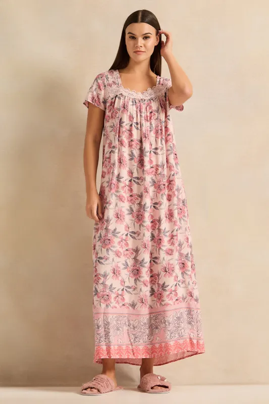 Women Ivory Floral With Lace Detail Nightgown sold by Redtag