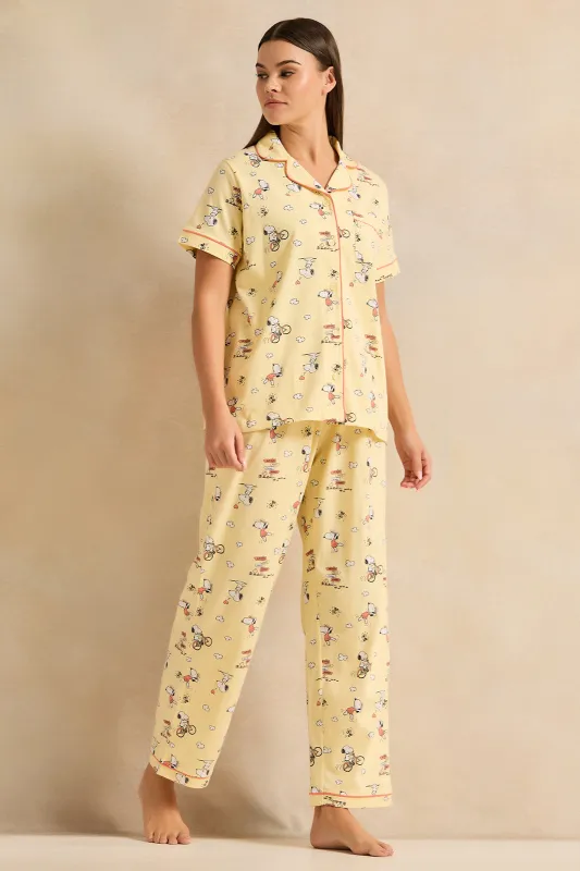 Women Yellow Printed Collared Pyjama Set (2 Piece) sold by Redtag