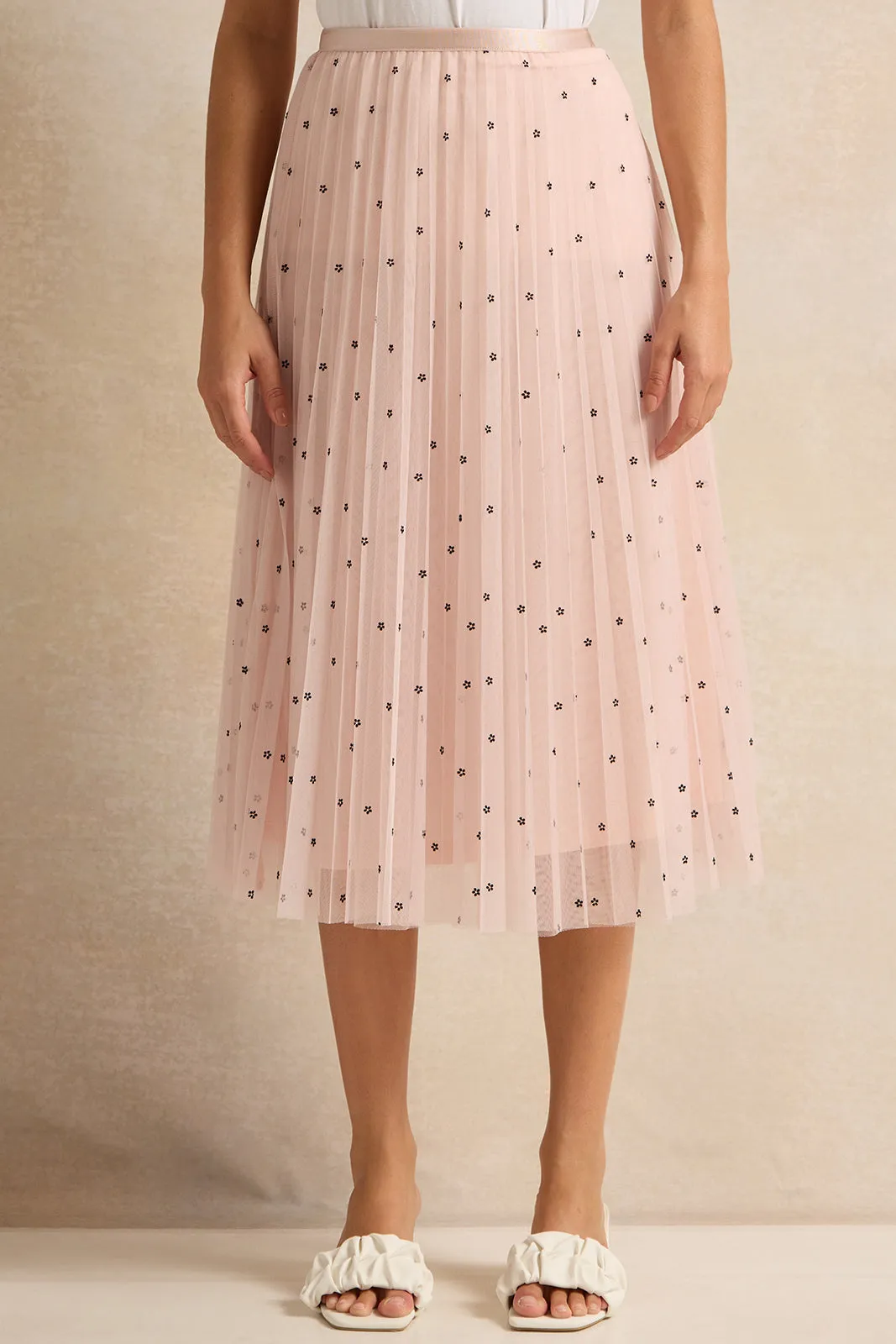 Women Pink Pleated Mesh Spot Print Skirt sold by Redtag