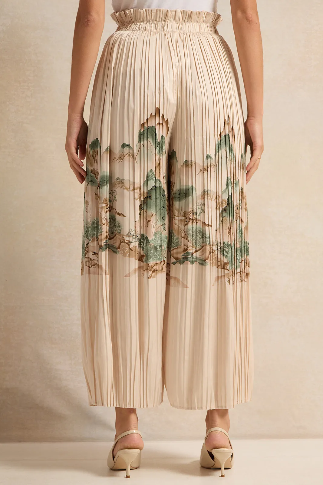 Women Beige Pleated Printed Satin Trouser sold by Redtag product image thumbnail 3