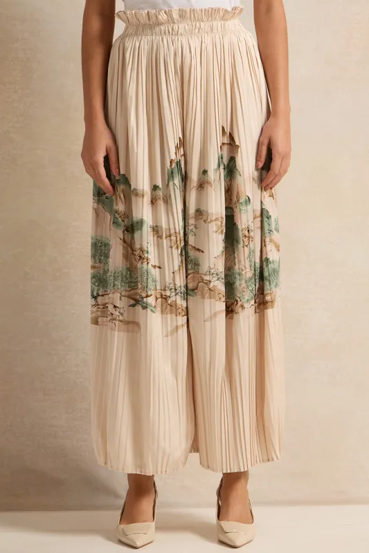 Women Beige Pleated Printed Satin Trouser sold by Redtag