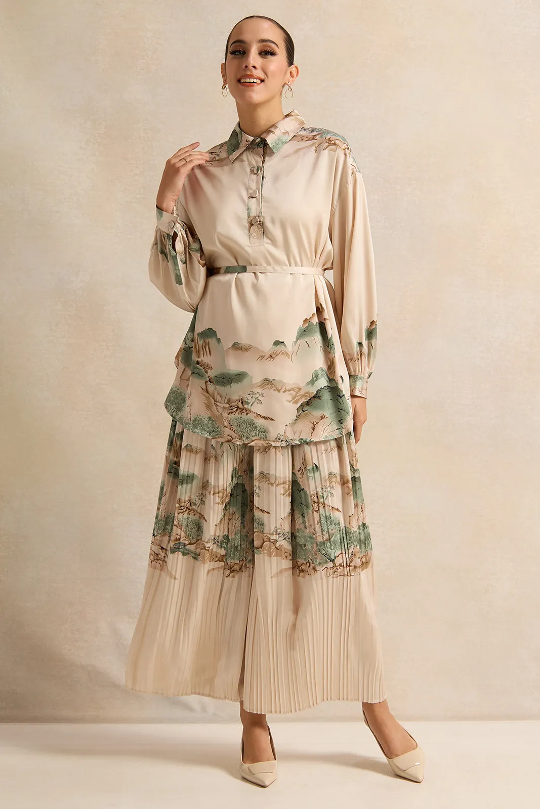 Women Beige Pleated Printed Satin Trouser sold by Redtag product image thumbnail 2