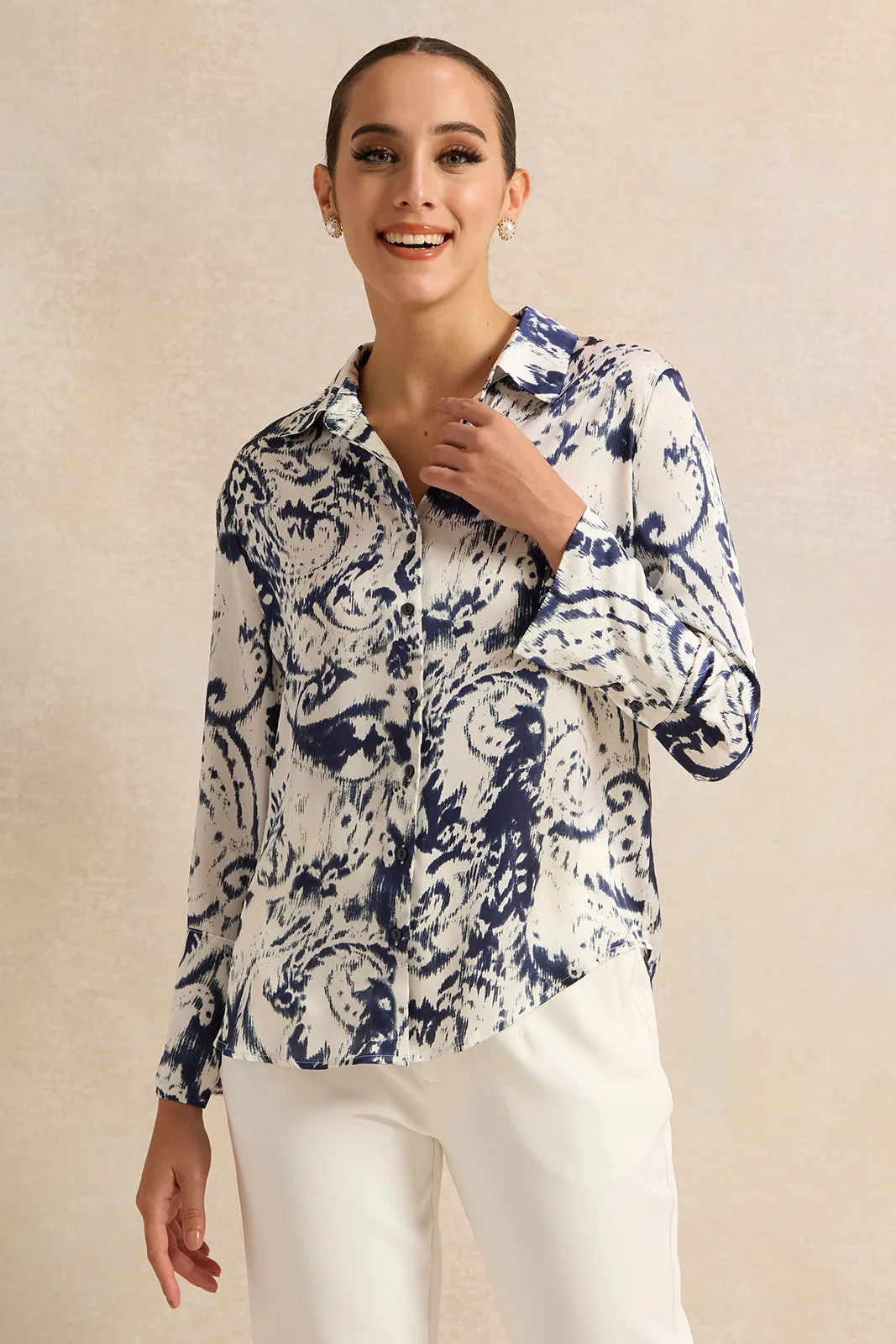 Women White Printed Satin Shirt sold by Redtag