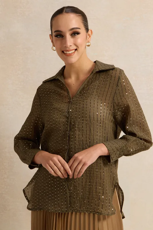 Women Green All Over Thread Sequin Shirt sold by Redtag