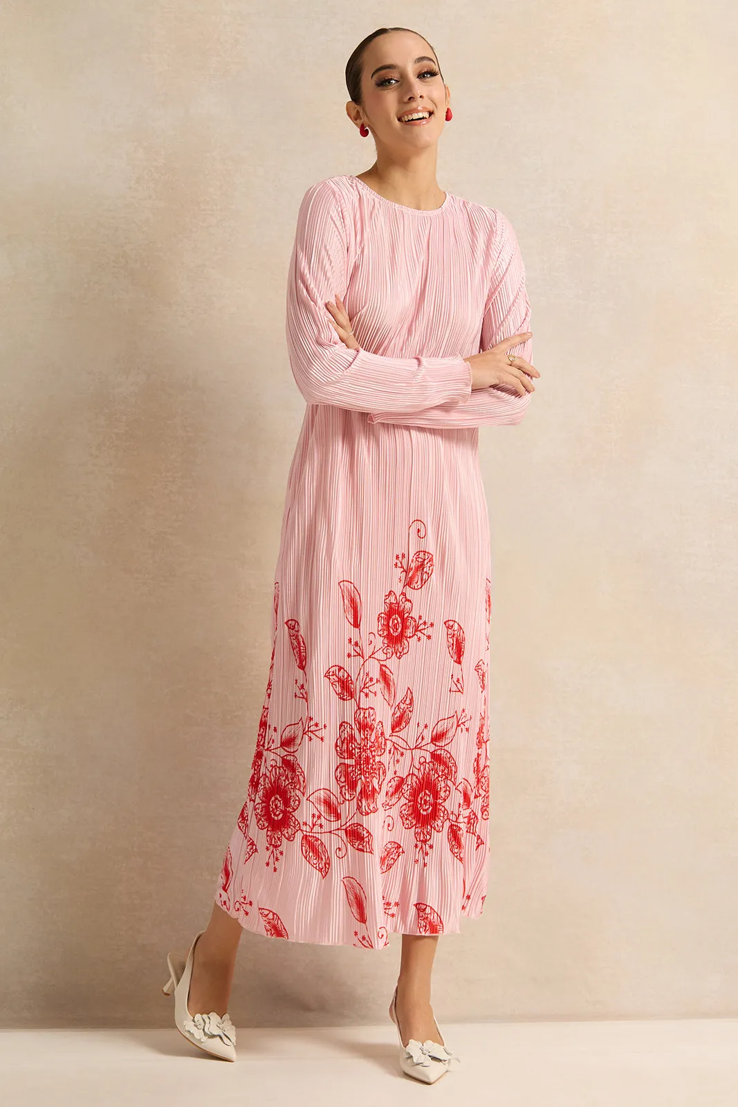 Women Pink Print Detailed Plisse Maxi Dress sold by Redtag