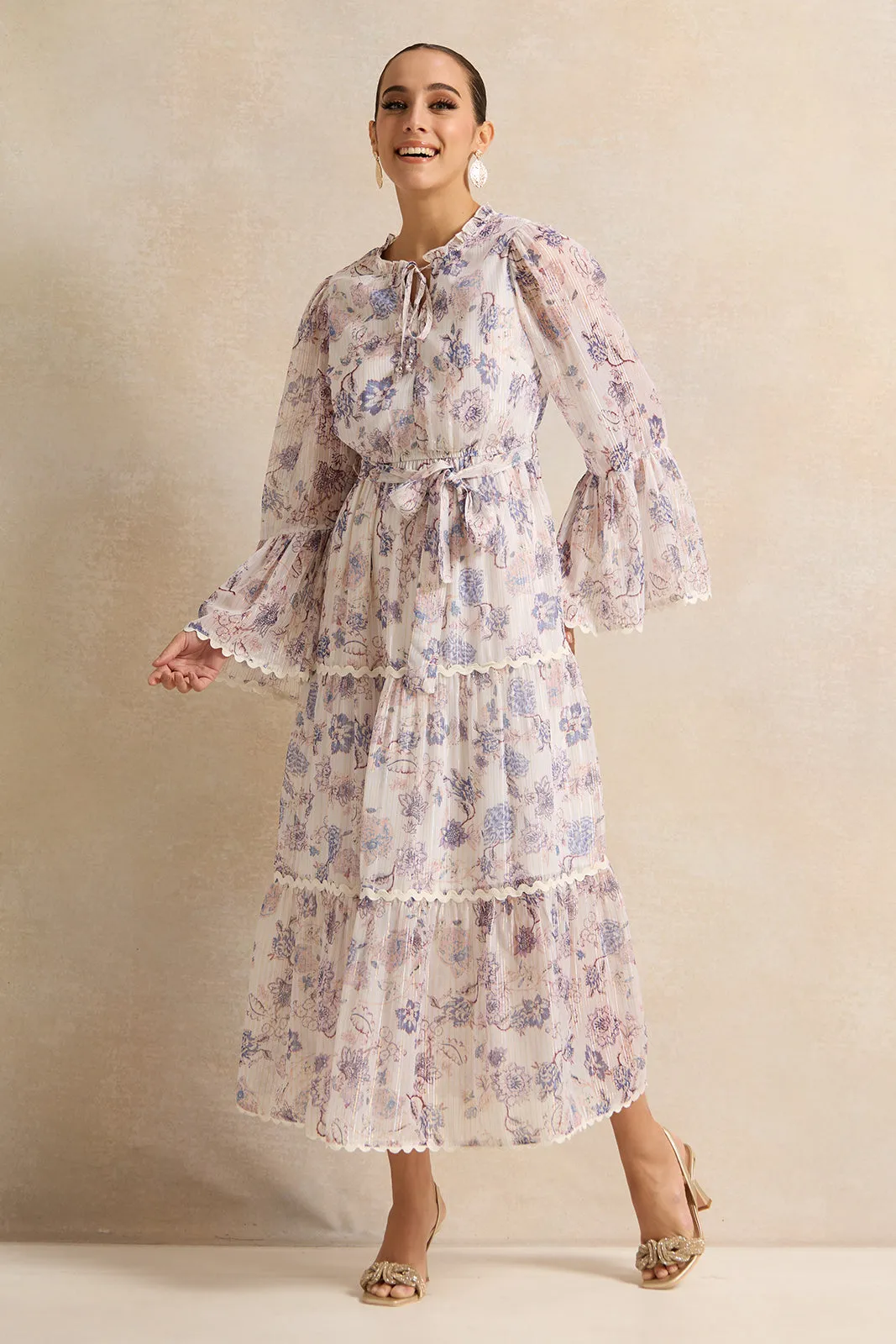 Women Lilac Floral Tiered Lurex Chiffon Dress sold by Redtag