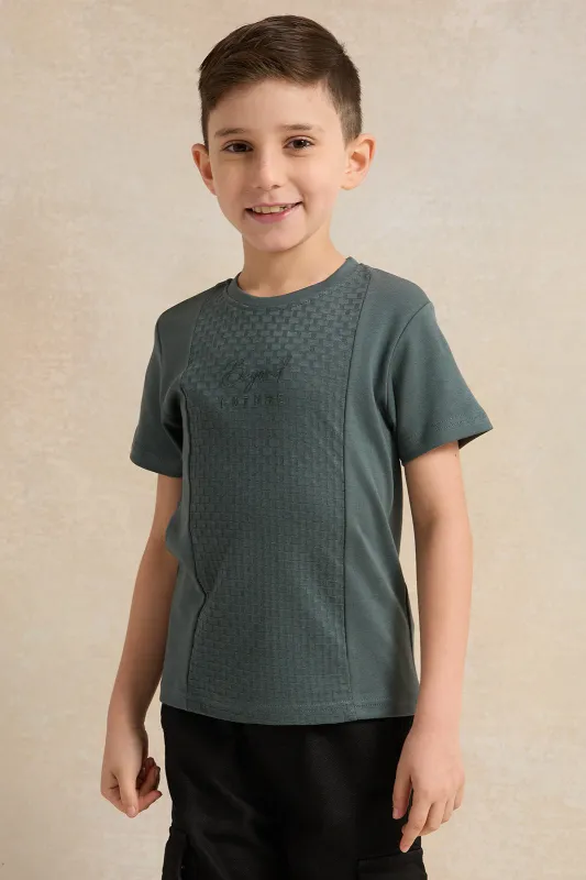 Boys Olive Jacquard T-Shirt sold by Redtag