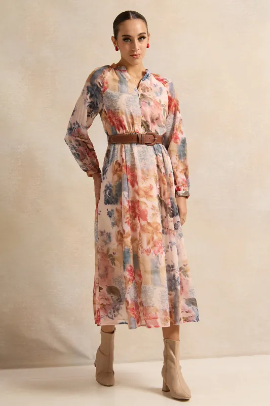 Women Beige V-Neck Belted Dress sold by Redtag