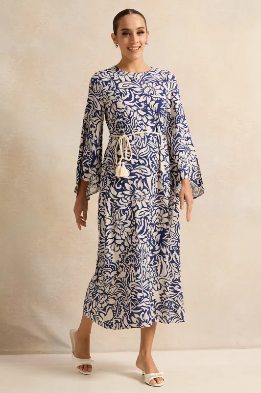 Women Blue Floral Printed Dress With Belt sold by Redtag
