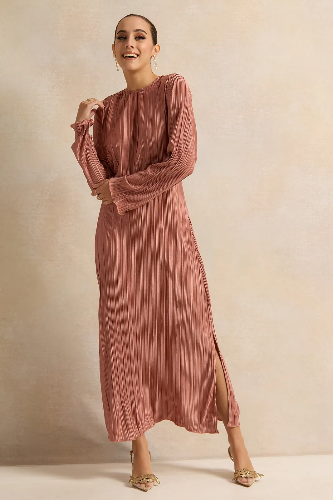 Women Brown Plisse Maxi Dress sold by Redtag