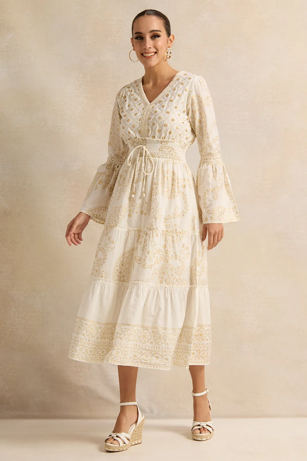 Women Beige Printed Tiered Dress sold by Redtag