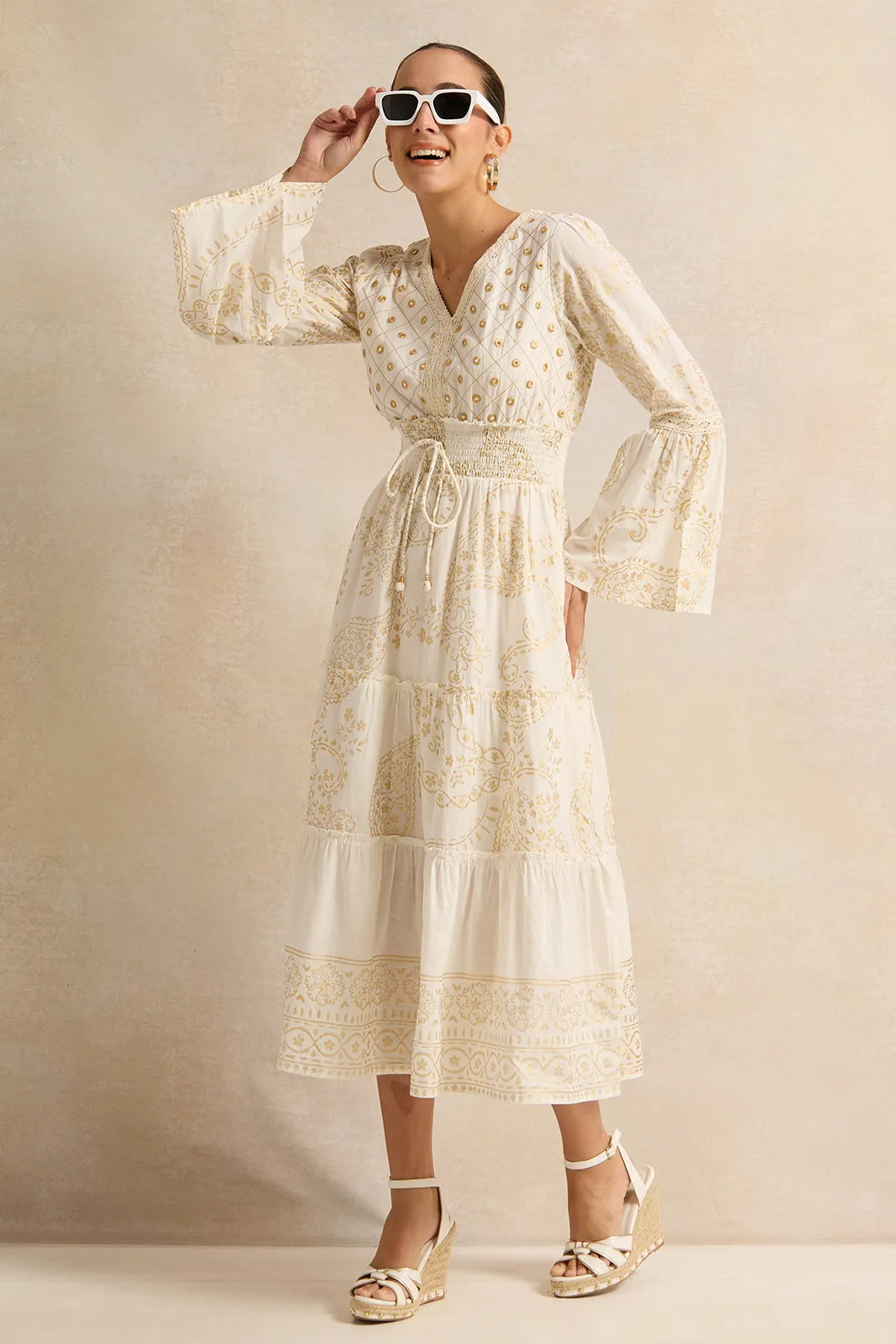 Women Beige Printed Tiered Dress sold by Redtag product image thumbnail 4