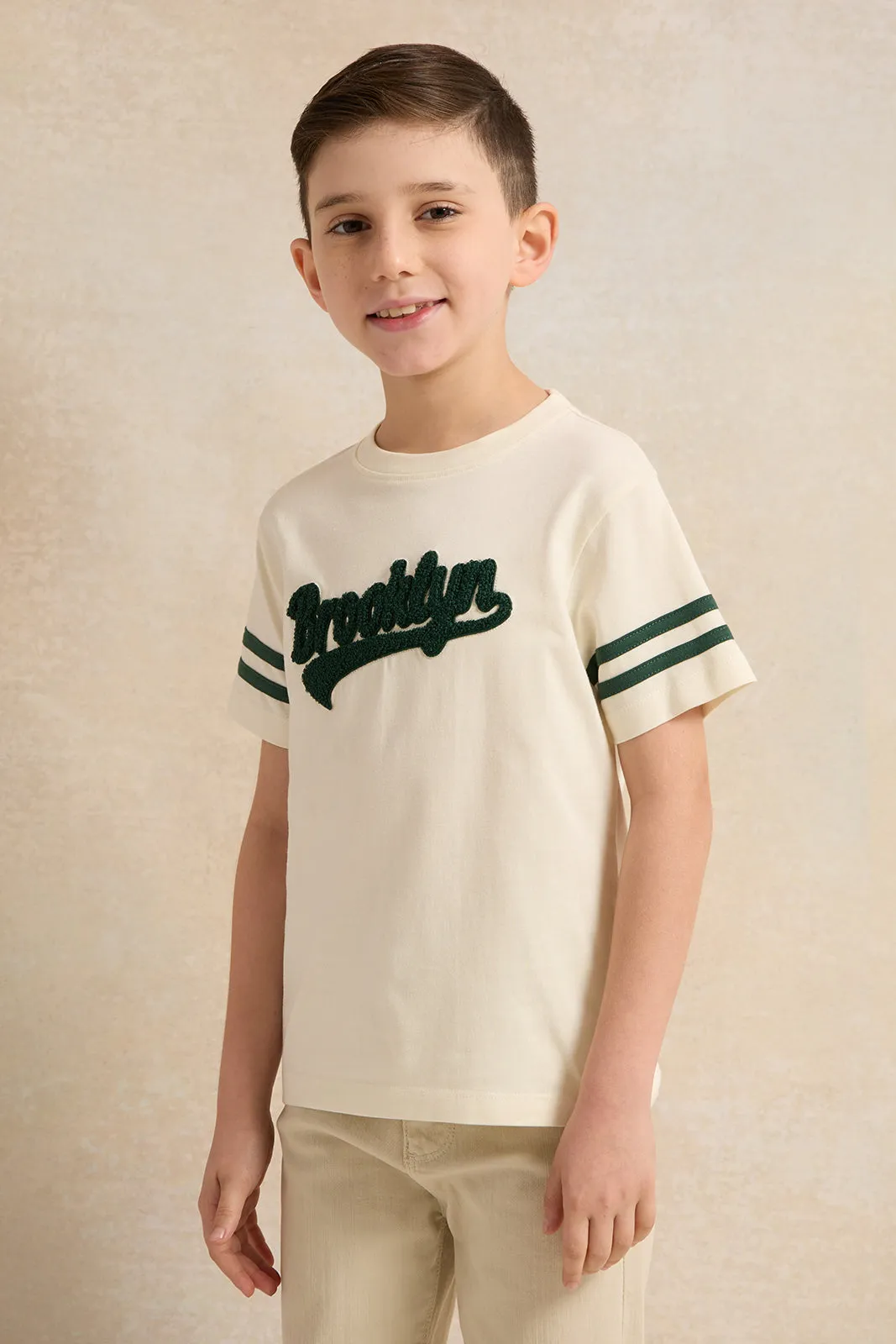 Boys Cream Brooklyn T-Shirt sold by Redtag