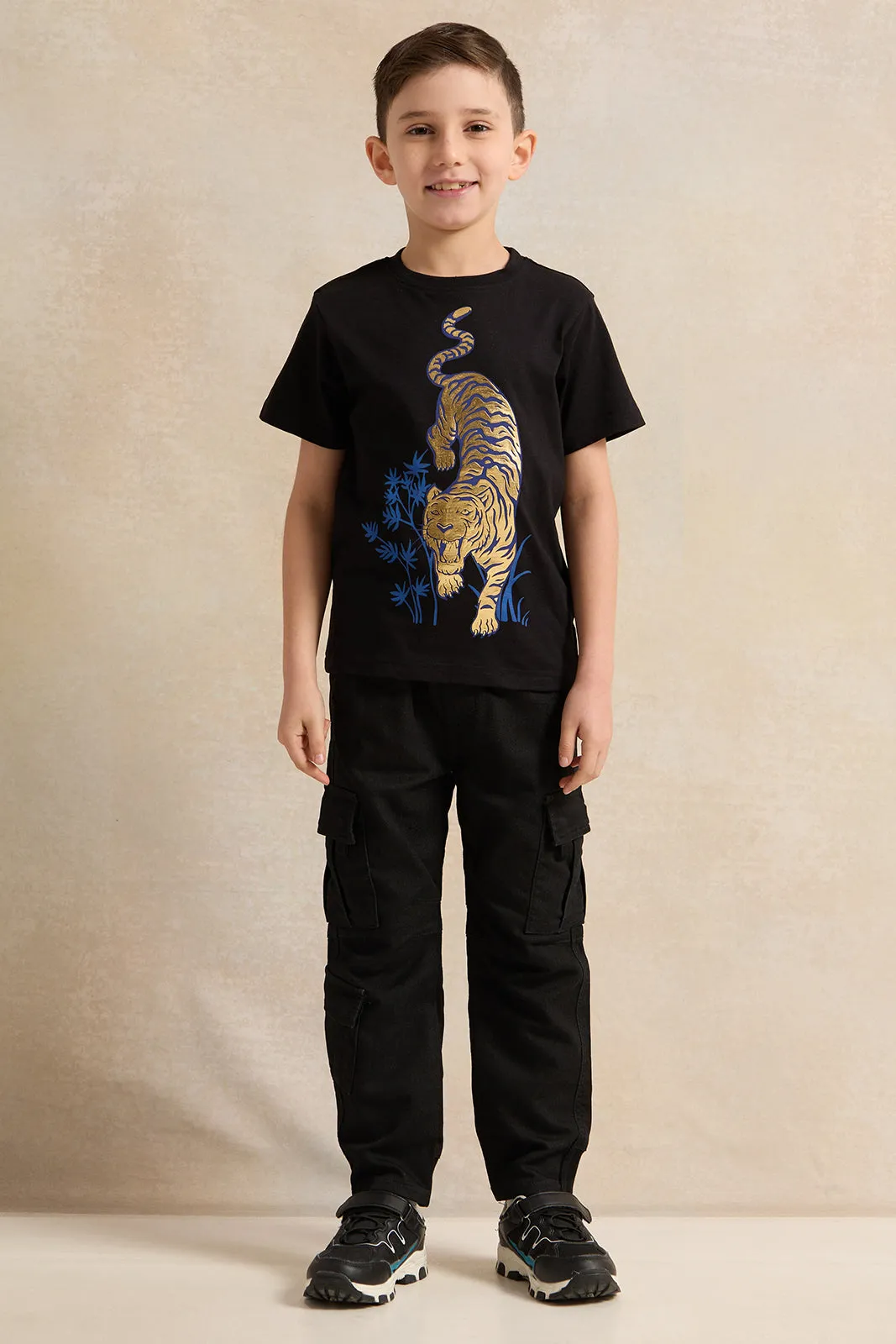 Boys Black Tiger Foil Short Sleeve T-Shirt sold by Redtag product image thumbnail 2