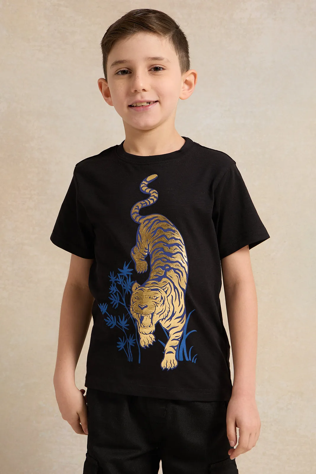 Boys Black Tiger Foil Short Sleeve T-Shirt sold by Redtag