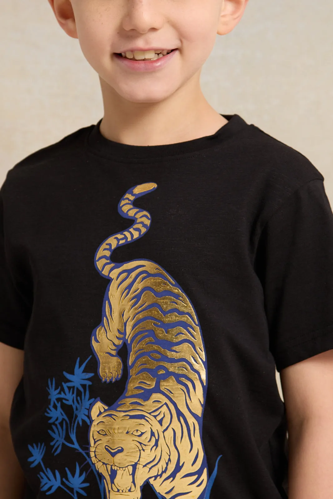 Boys Black Tiger Foil Short Sleeve T-Shirt sold by Redtag product image thumbnail 4