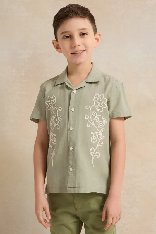 Boys Olive Embroidered Short Sleeve Shirt sold by Redtag