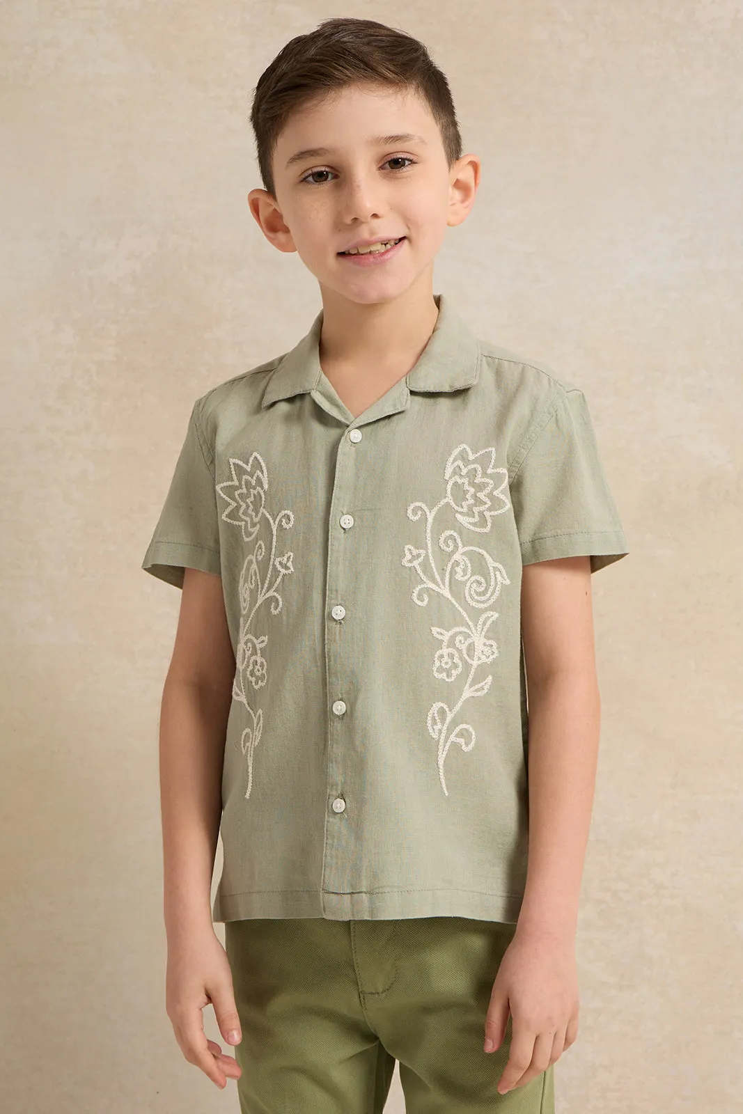 Boys Olive Embroidered Short Sleeve Shirt sold by Redtag