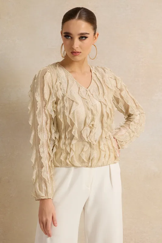 Women Beige Ruffled Jersey Top sold by Redtag