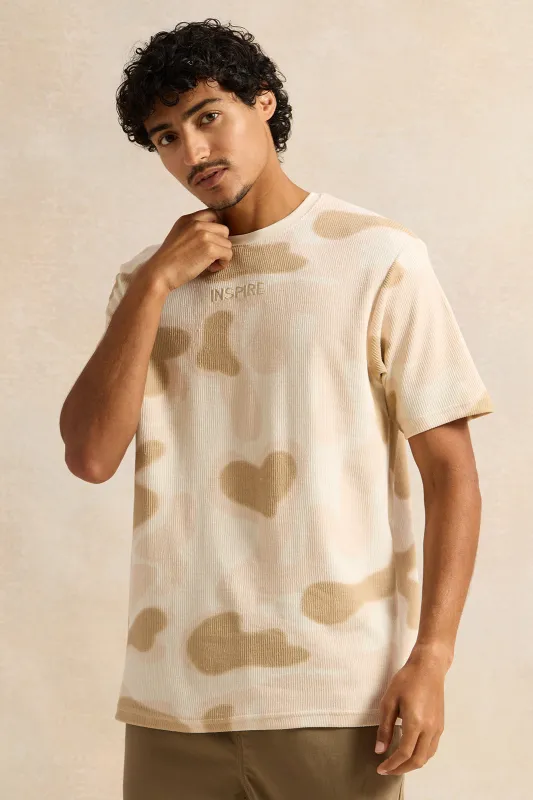 Men Beige Jacquard T-Shirt sold by Redtag