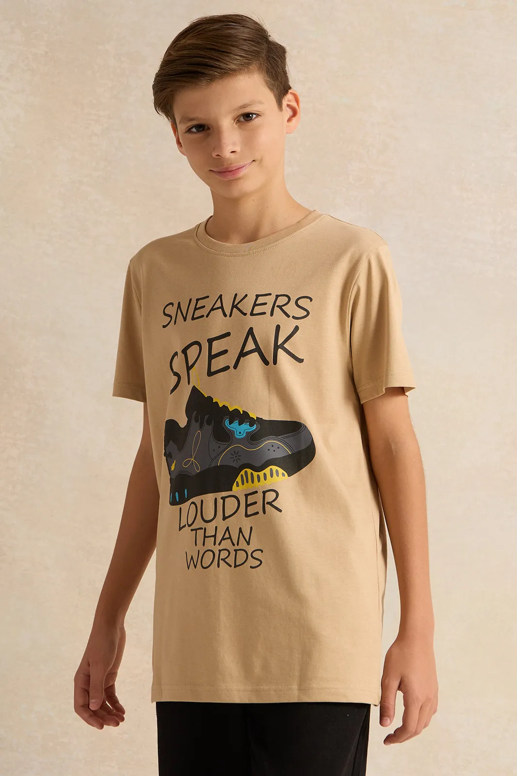 Senior Boys Beige Printed Short Sleeved T-Shirt sold by Redtag