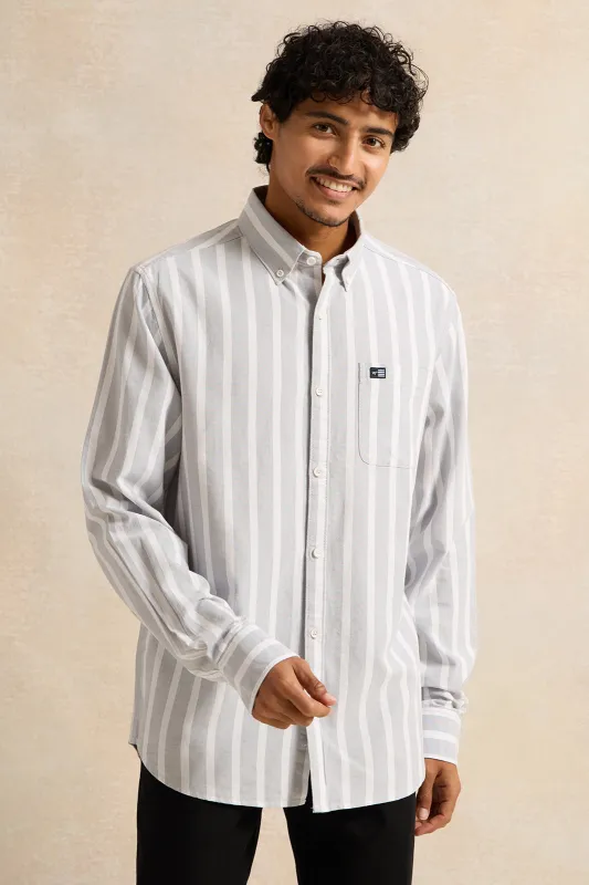 Men Grey Mandarin Casual Striped Shirt made by Redtag