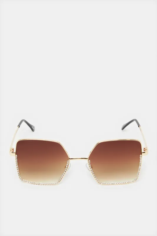 Women Brown And Gold Oversize Sunglasses sold by Redtag