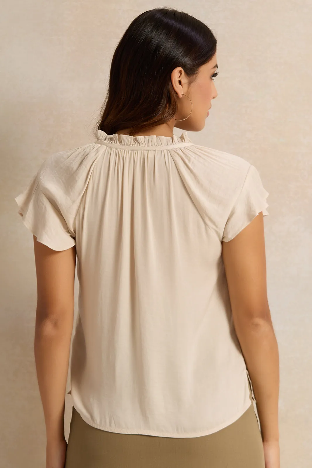 Women Beige Ruffle Sleeve Satin Top sold by Redtag product image thumbnail 3