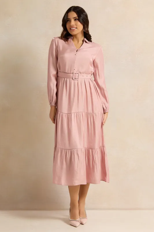 Women Pink Shimmer Tiered Belted Dress sold by Redtag