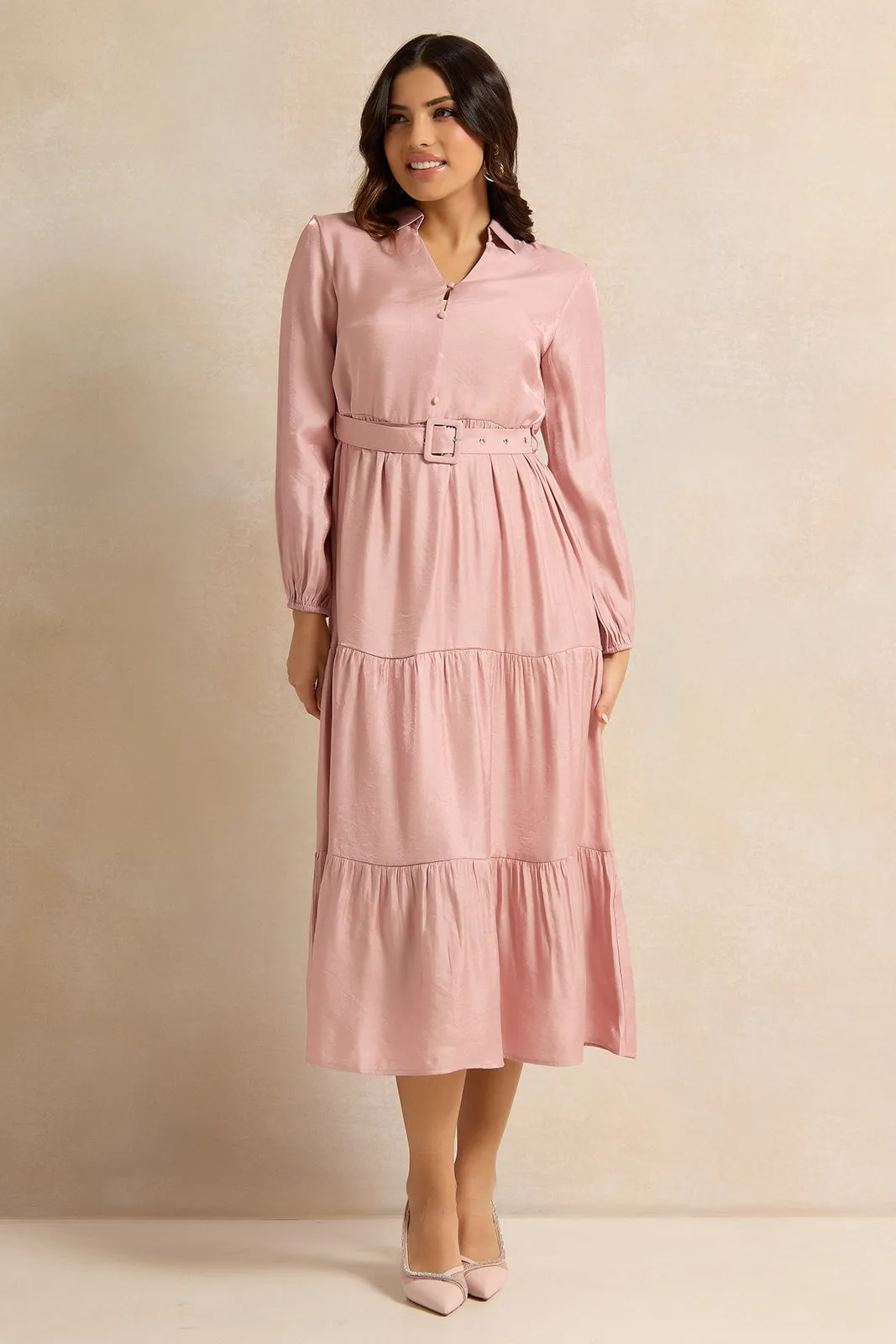 Women Pink Shimmer Tiered Belted Dress sold by Redtag