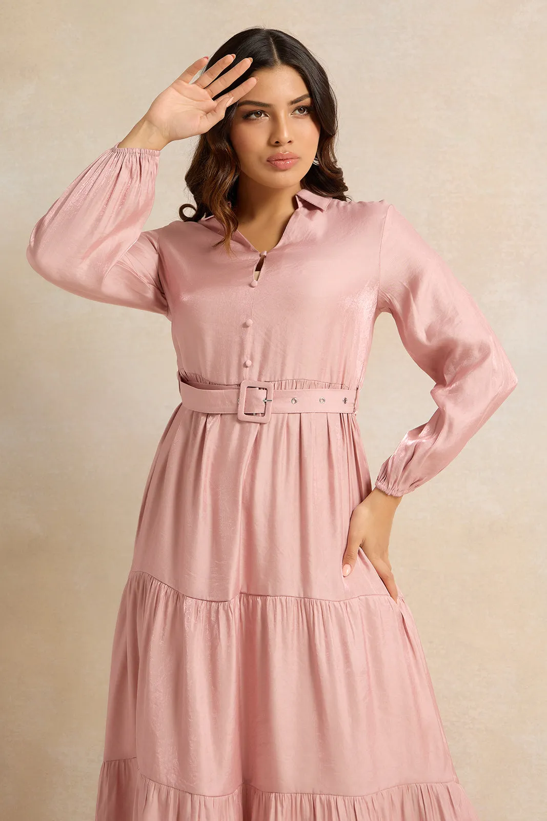 Women Pink Shimmer Tiered Belted Dress sold by Redtag product image thumbnail 2