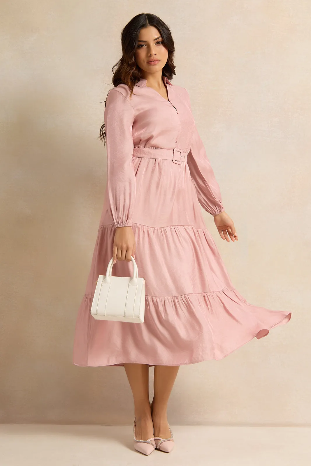 Women Pink Shimmer Tiered Belted Dress sold by Redtag product image thumbnail 4