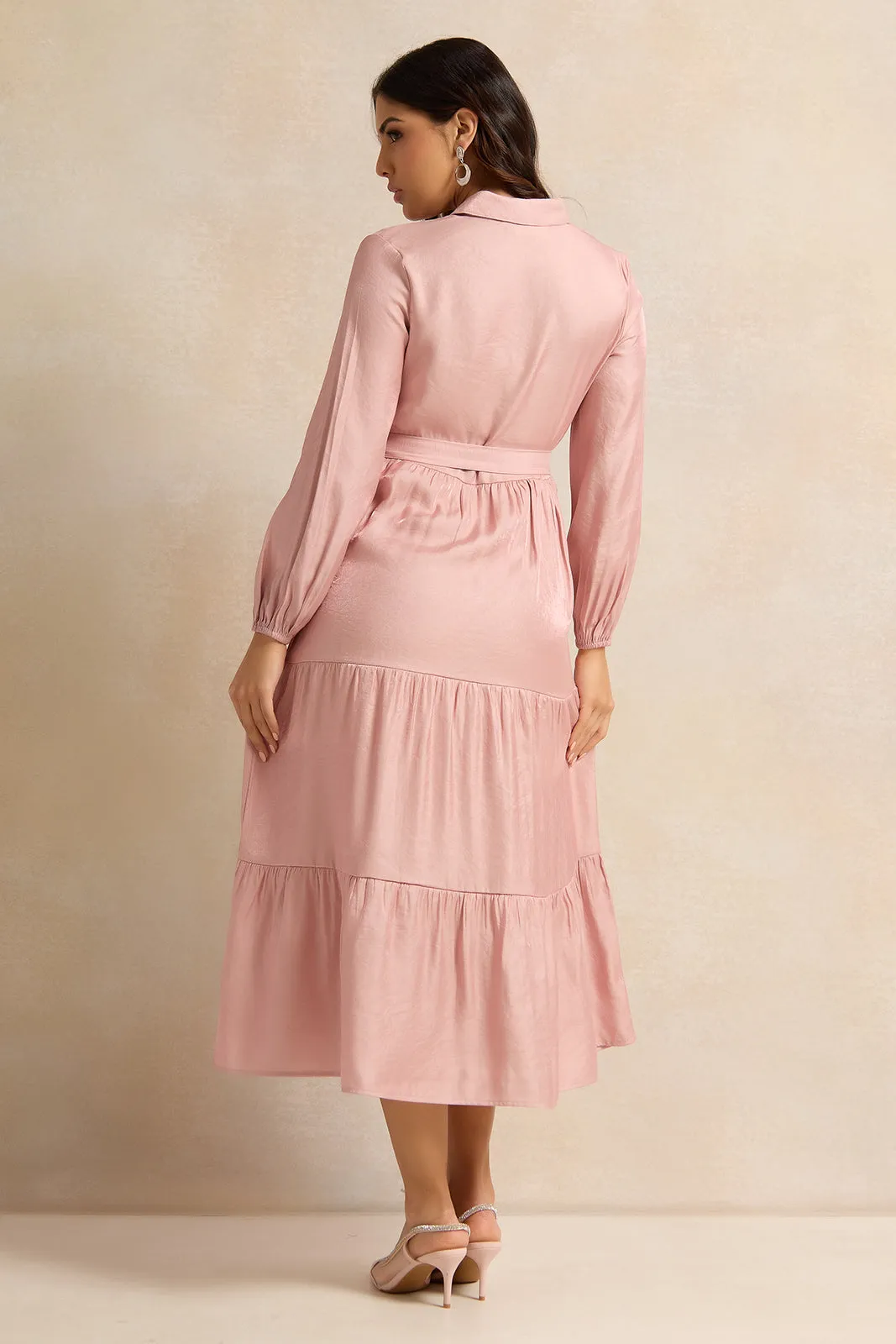 Women Pink Shimmer Tiered Belted Dress sold by Redtag product image thumbnail 3