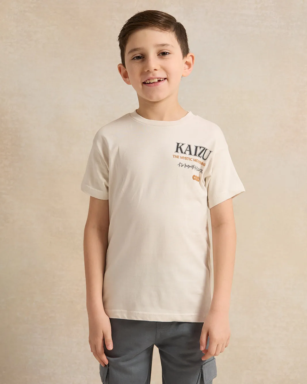 Boys Cream Printed T-Shirt sold by Redtag