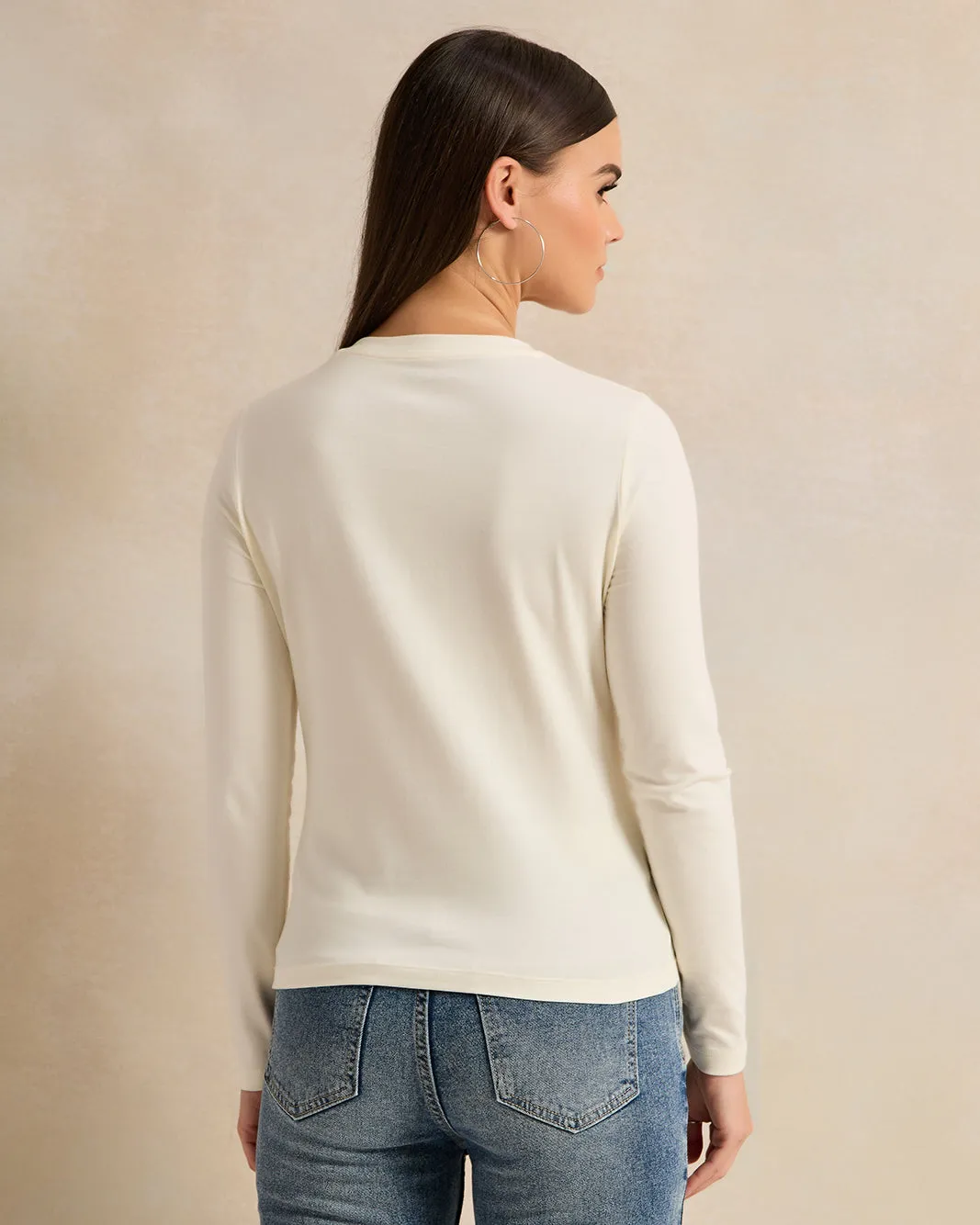 Women Beige Long Sleeve Crew Neck T-shirt sold by Redtag product image thumbnail 3