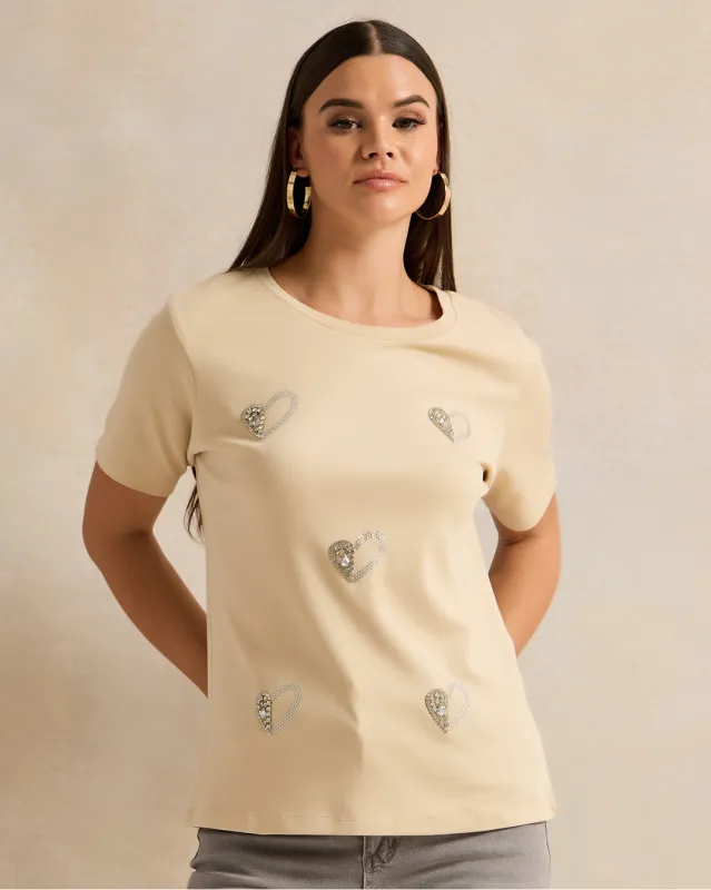 Women Beige Embellished T-Shirt sold by Redtag
