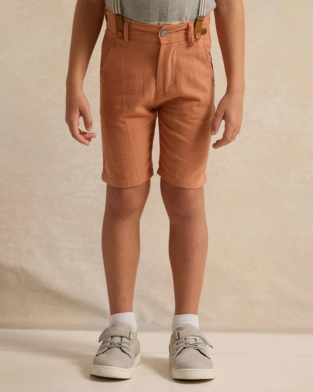 Boys Brown Linen Shorts With Suspenders sold by Redtag
