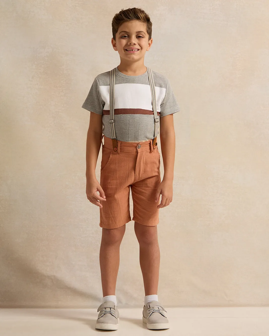 Boys Brown Linen Shorts With Suspenders sold by Redtag product image thumbnail 2