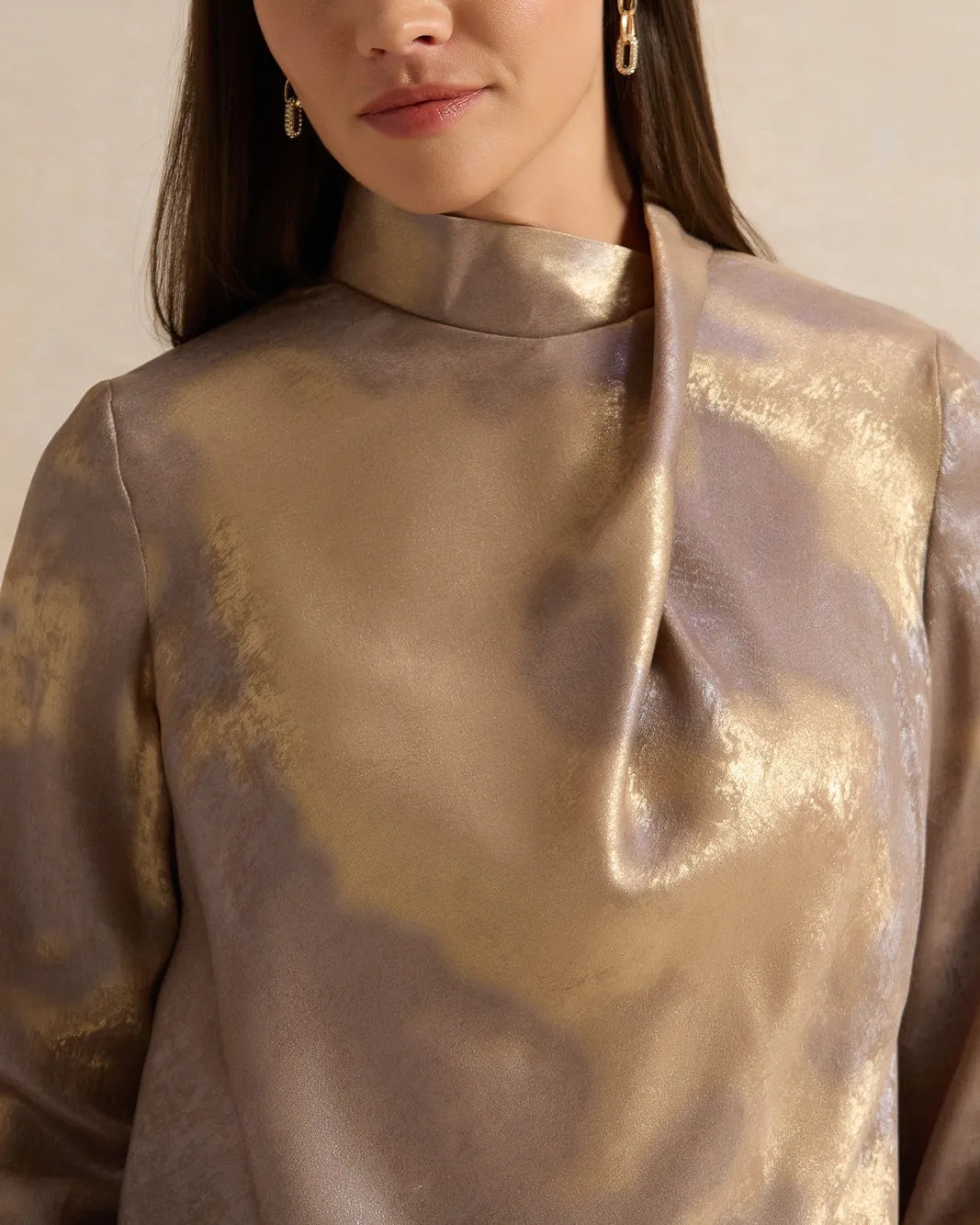 Women Beige Foil Printed Raised Neck Blouse sold by Redtag product image thumbnail 4