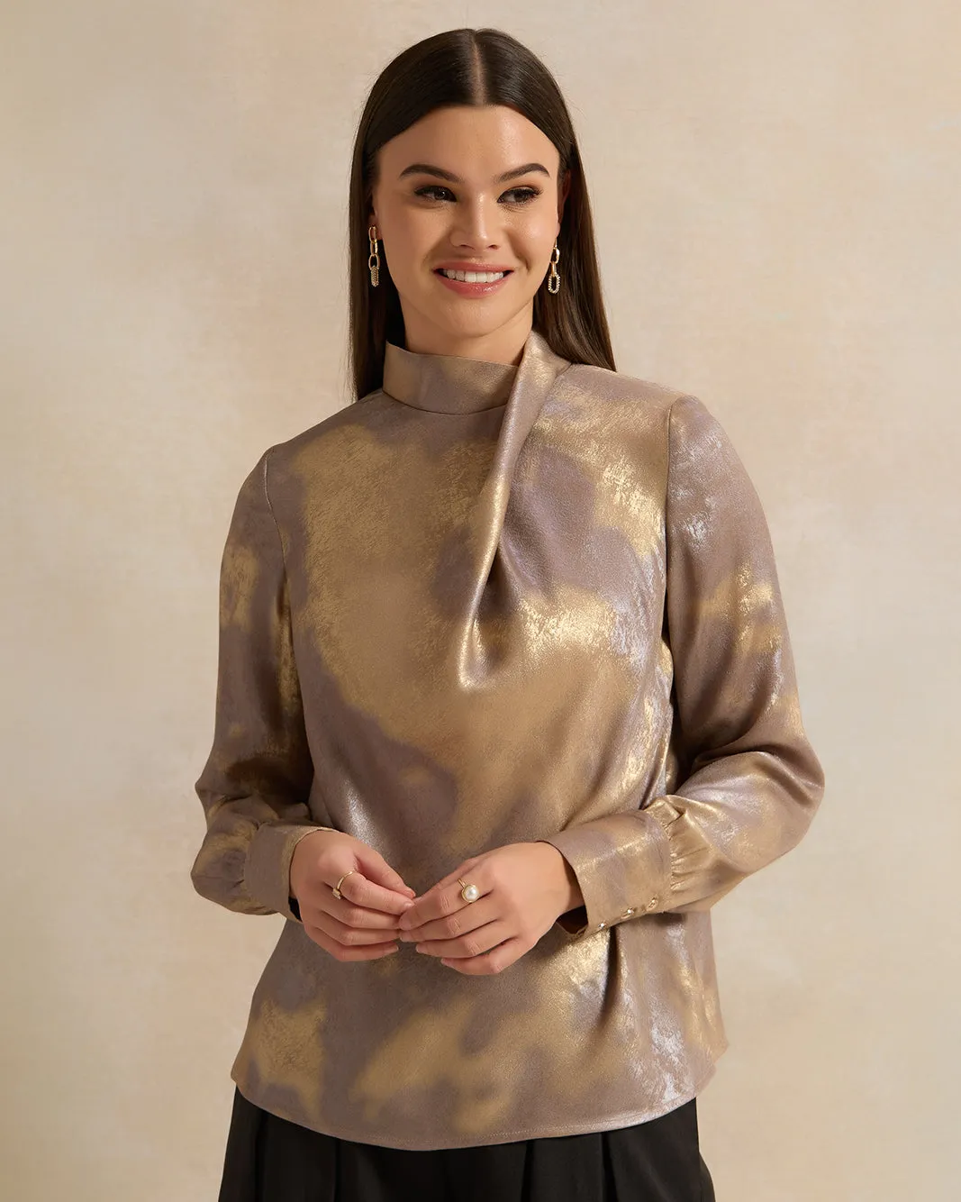 Women Beige Foil Printed Raised Neck Blouse sold by Redtag