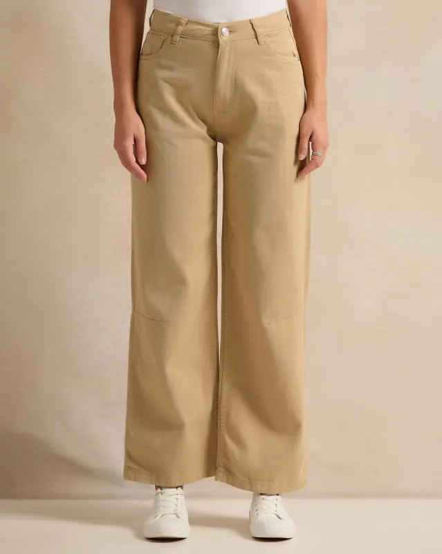 Women Beige Twill Wide Leg Jeans sold by Redtag