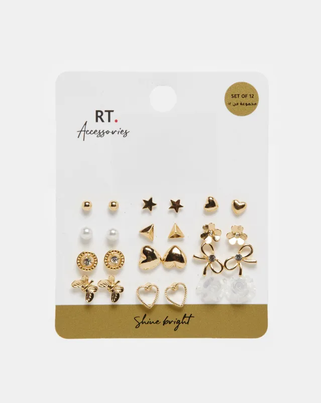 Women Gold Embellished Studs Set (12 Pairs) sold by Redtag