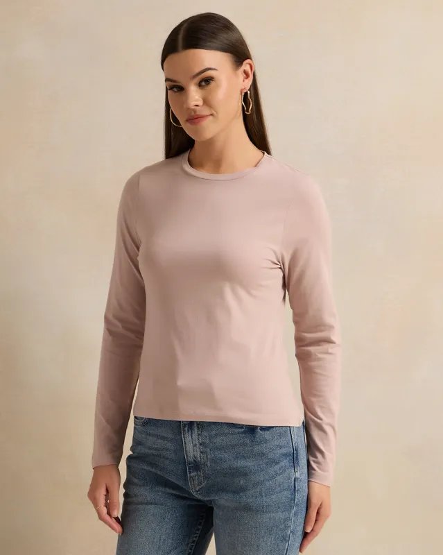 Women Beige Long Sleeve Round Neck T-Shirt sold by Redtag
