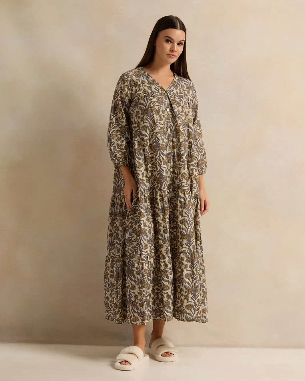 Women Beige Printed Nightgown sold by Redtag