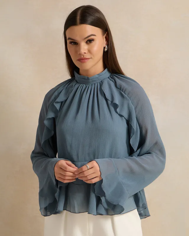 Women Blue Embellished High Neck Blouse sold by Redtag