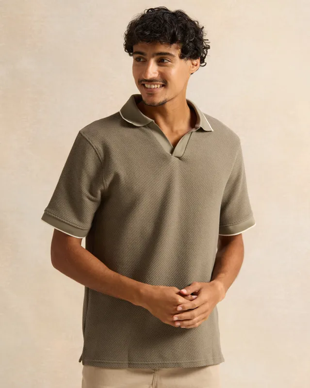 Men Taupe Jacquard Polo Shirt sold by Redtag