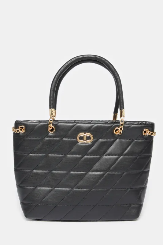 Women Black Textured Tote Bag sold by Redtag