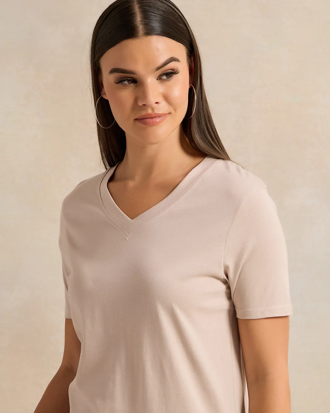 Women Beige Short Sleeve V Neck T-Shirt sold by Redtag product image thumbnail 4