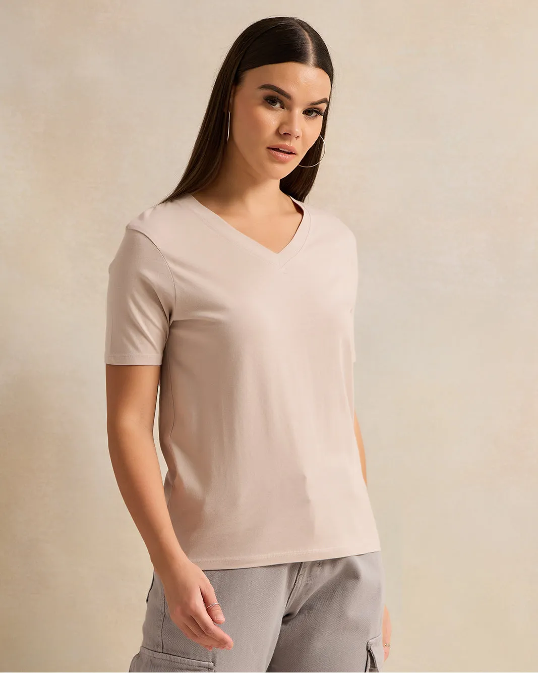 Women Beige Short Sleeve V Neck T-Shirt sold by Redtag