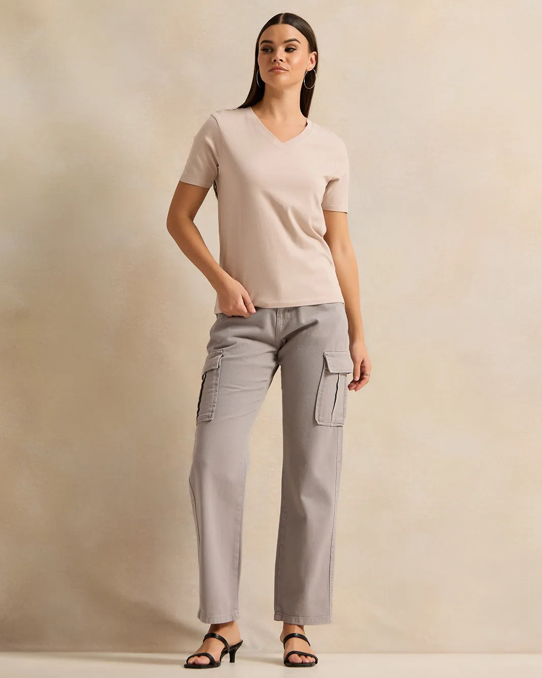 Women Beige Short Sleeve V Neck T-Shirt sold by Redtag product image thumbnail 2